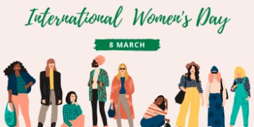 Eine Reihe gemalter Frauen, die nebeneinander stehen oder sitzen. In der Überschrift steht auf Englisch International Women's Day, 8 March
